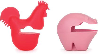 Fox Run Silicone Pot Clip Spoon Rest, Rooster and Pig, Set of 2, 2.75", Red and Pink