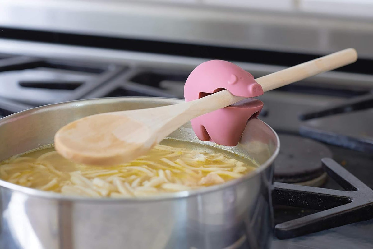 Fox Run Silicone Pot Clip Spoon Rest, Rooster and Pig, Set of 2, 2.75", Red and Pink