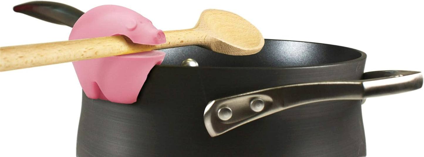 Fox Run Silicone Pot Clip Spoon Rest, Rooster and Pig, Set of 2, 2.75", Red and Pink