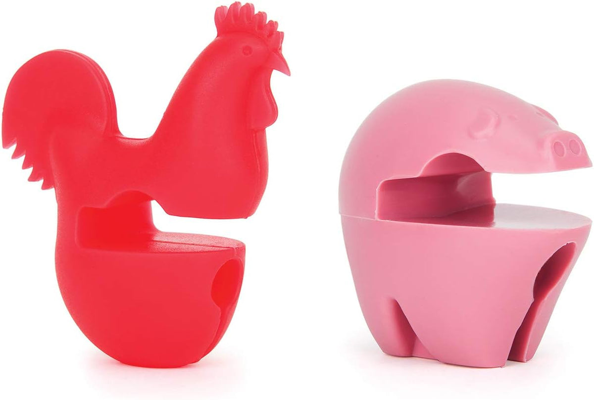 Fox Run Silicone Pot Clip Spoon Rest, Rooster and Pig, Set of 2, 2.75", Red and Pink