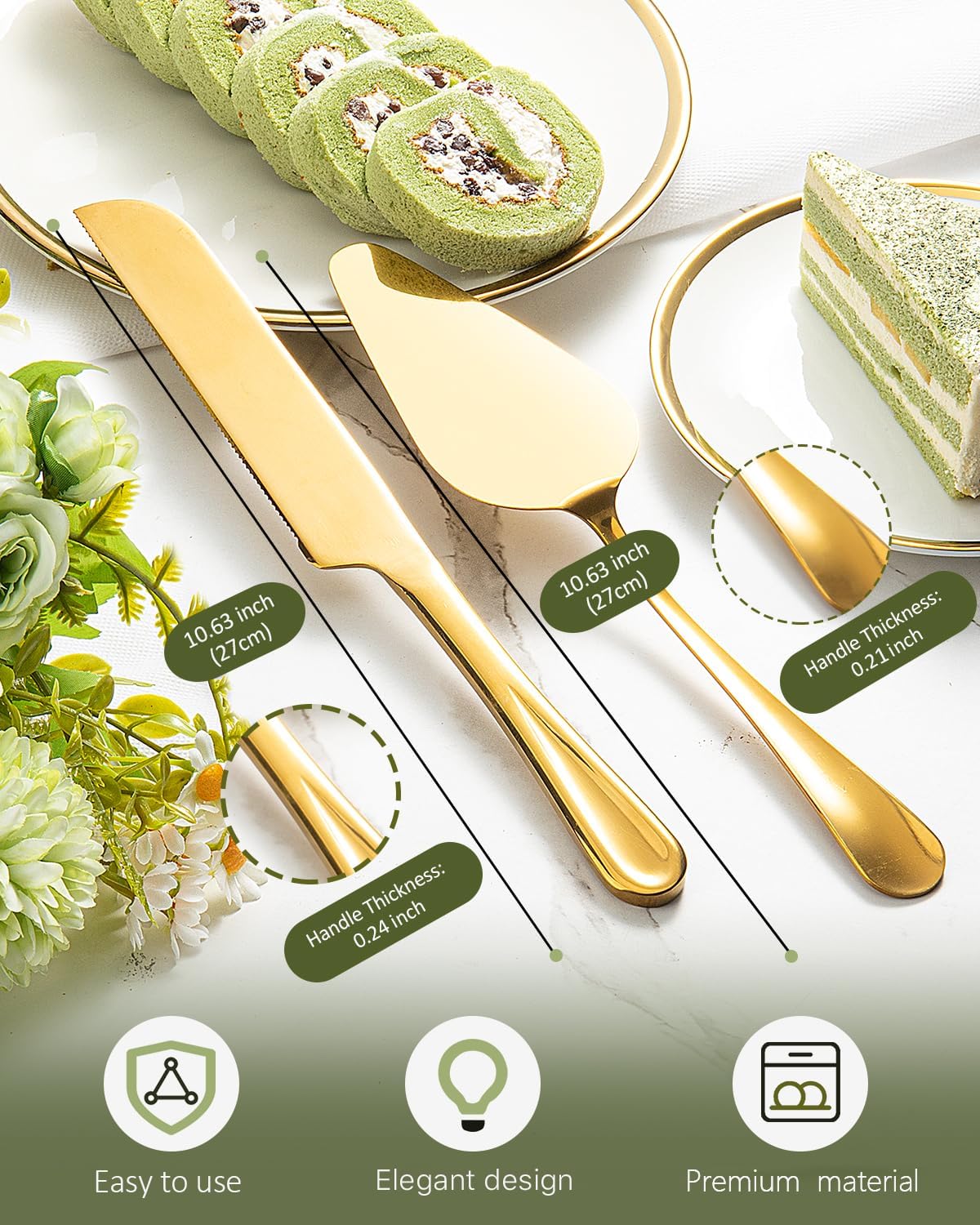 2-Piece Premium Cake Cutting Set, Exquisite Knife and Server with Serrated Design, Includes Cake Knife and Pie Spatula for Pastry, Pizza and Desserts (Gold)
