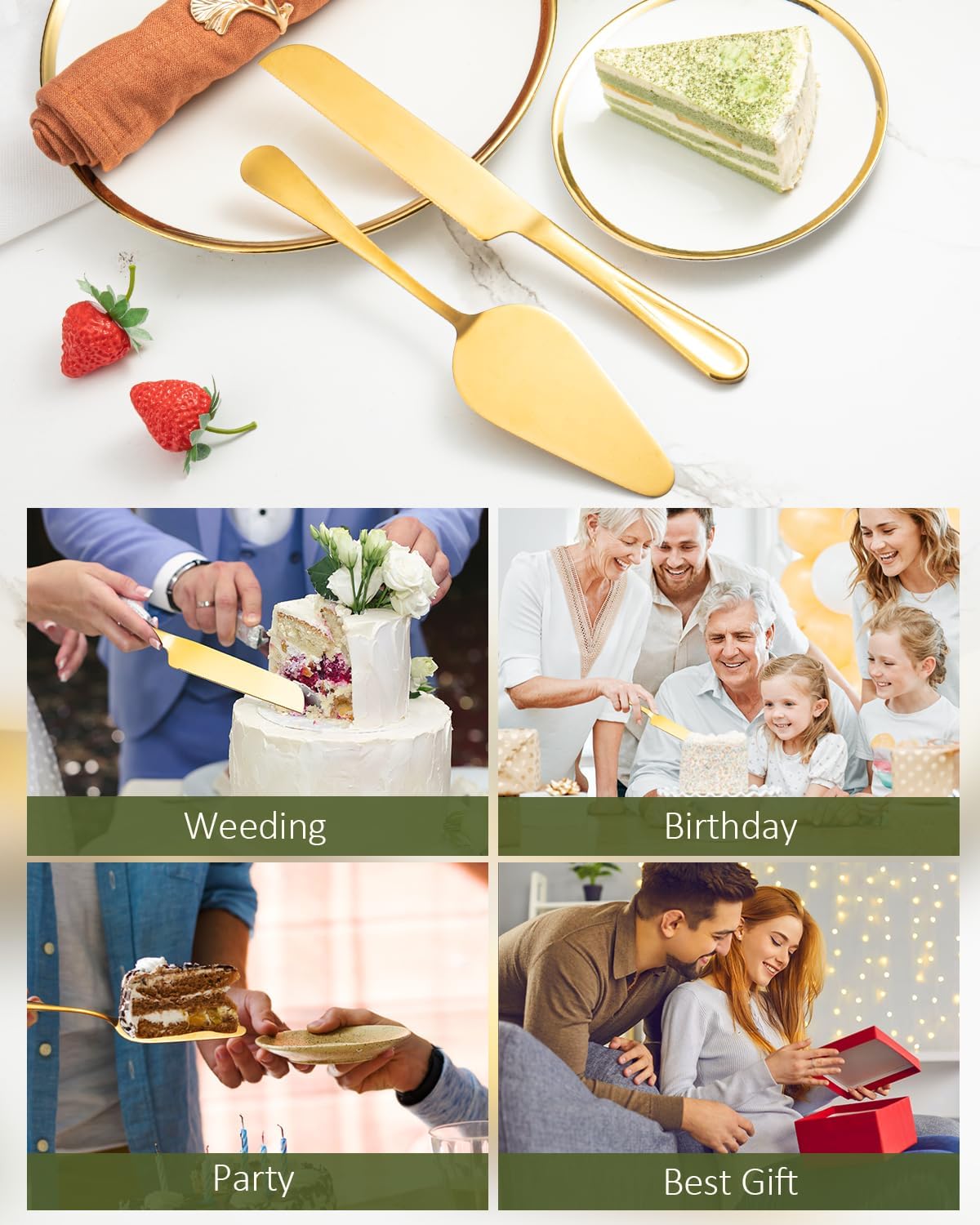 2-Piece Premium Cake Cutting Set, Exquisite Knife and Server with Serrated Design, Includes Cake Knife and Pie Spatula for Pastry, Pizza and Desserts (Gold)