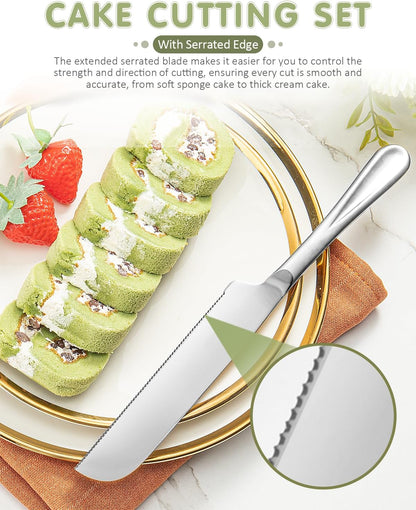 2-Piece Premium Cake Cutting Set, Exquisite Knife and Server with Serrated Design, Includes Cake Knife and Pie Spatula for Pastry, Pizza and Desserts (Gold)