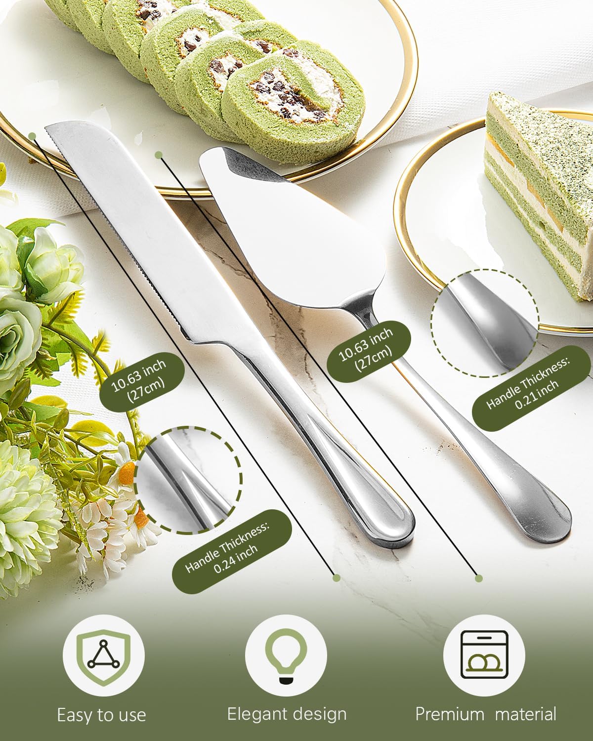 2-Piece Premium Cake Cutting Set, Exquisite Knife and Server with Serrated Design, Includes Cake Knife and Pie Spatula for Pastry, Pizza and Desserts (Gold)
