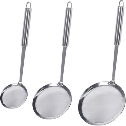 Newness Fine Mesh Skimmer Spoon, Professional 304 Stainless Steel Hot Pot Fat Strainer for Oil Filter Skimming Grease and Foam, Durable Multi-Functional Kitchen Cooking Mesh Food Strainer Ladle-3 Pack