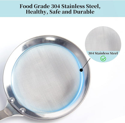 Newness Fine Mesh Skimmer Spoon, Professional 304 Stainless Steel Hot Pot Fat Strainer for Oil Filter Skimming Grease and Foam, Durable Multi-Functional Kitchen Cooking Mesh Food Strainer Ladle-3 Pack