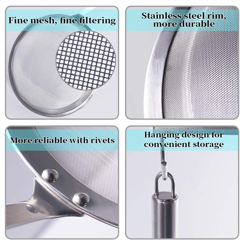 Newness Fine Mesh Skimmer Spoon, Professional 304 Stainless Steel Hot Pot Fat Strainer for Oil Filter Skimming Grease and Foam, Durable Multi-Functional Kitchen Cooking Mesh Food Strainer Ladle-3 Pack