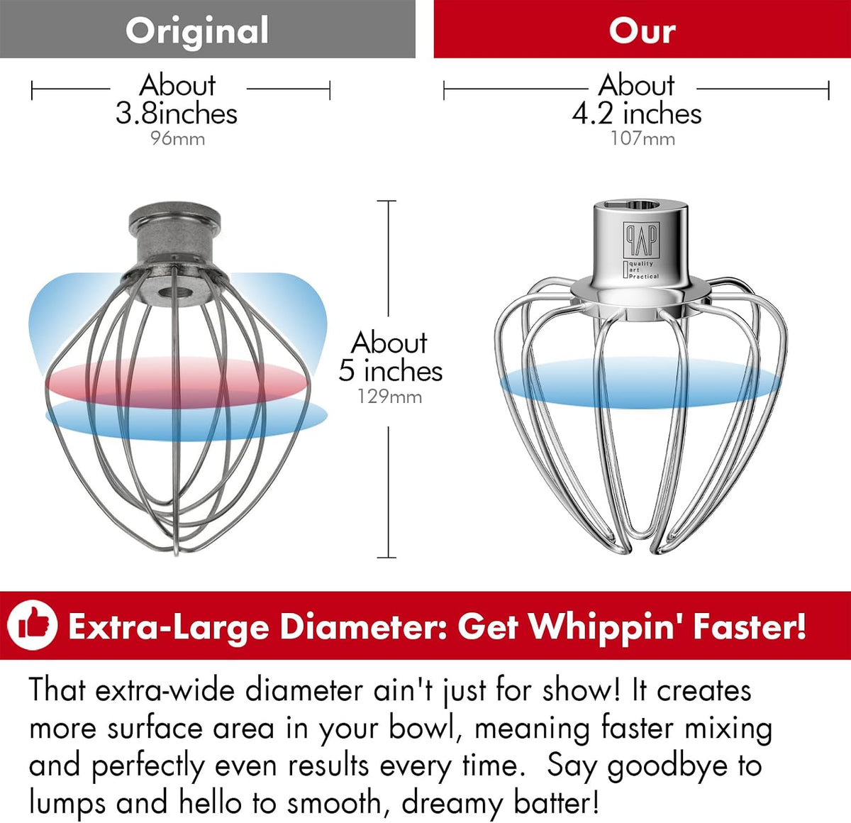 QAP Stainless Steel Wire Whip Fits KitchenAid 4.5 5 QT Tilt Head