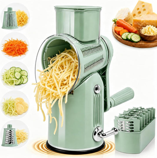 5-in-1 Rotary Cheese Grater and Vegetable Slicer with Suction Base, Green | 5-in-1 hand-crank grater with replaceable stainless blades, suction base, easy-clean design, and blade storage box