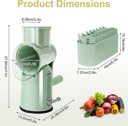 5-in-1 Rotary Cheese Grater and Vegetable Slicer with Suction Base, Green | 5-in-1 hand-crank grater with replaceable stainless blades, suction base, easy-clean design, and blade storage box