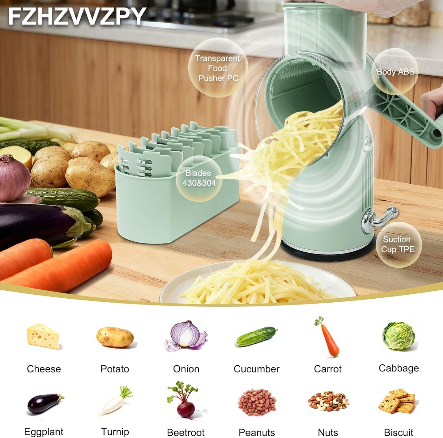 5-in-1 Rotary Cheese Grater and Vegetable Slicer with Suction Base, Green | 5-in-1 hand-crank grater with replaceable stainless blades, suction base, easy-clean design, and blade storage box