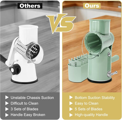 5-in-1 Rotary Cheese Grater and Vegetable Slicer with Suction Base, Green | 5-in-1 hand-crank grater with replaceable stainless blades, suction base, easy-clean design, and blade storage box