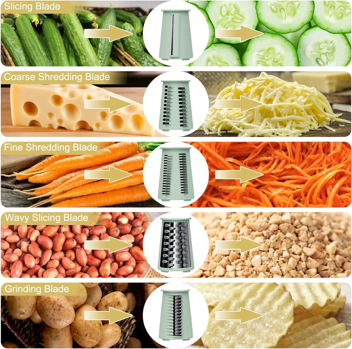 5-in-1 Rotary Cheese Grater and Vegetable Slicer with Suction Base, Green | 5-in-1 hand-crank grater with replaceable stainless blades, suction base, easy-clean design, and blade storage box