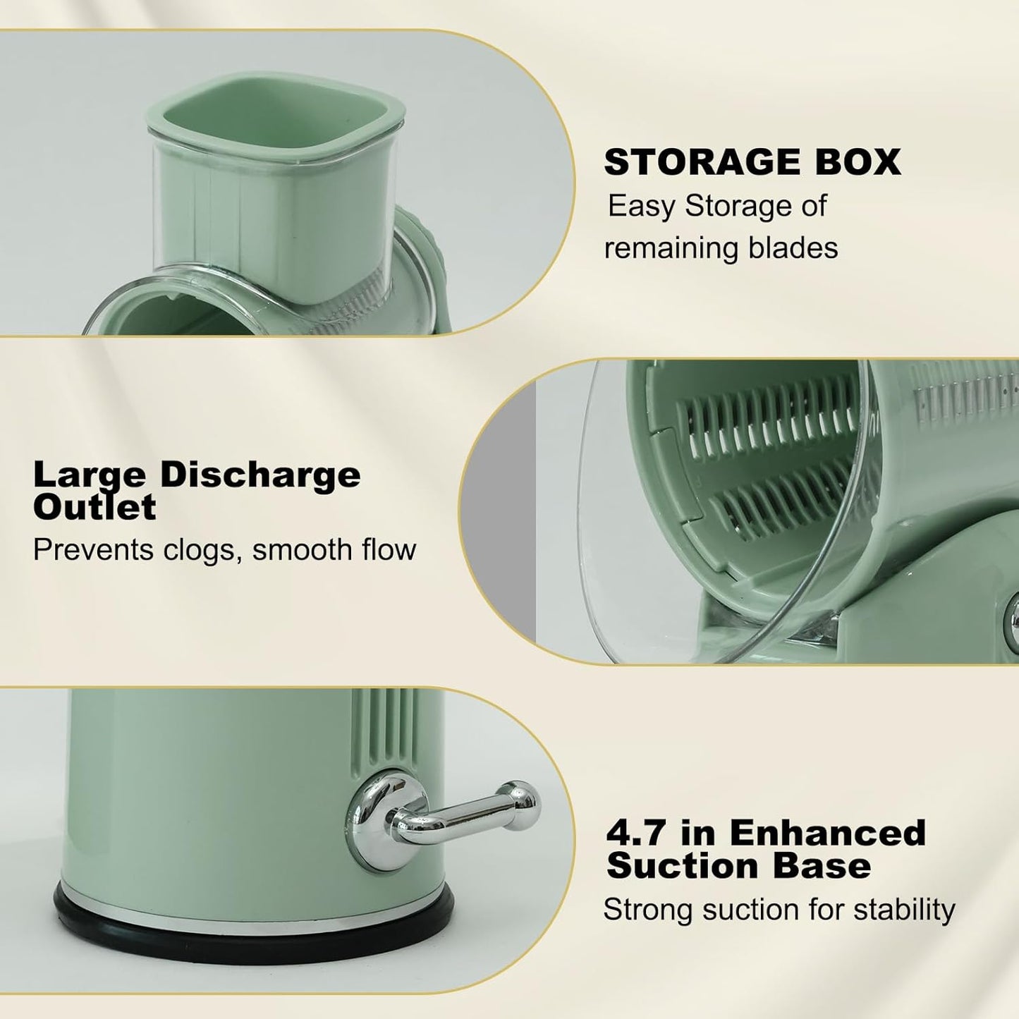 5-in-1 Rotary Cheese Grater and Vegetable Slicer with Suction Base, Green | 5-in-1 hand-crank grater with replaceable stainless blades, suction base, easy-clean design, and blade storage box