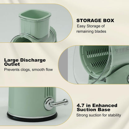 5-in-1 Rotary Cheese Grater and Vegetable Slicer with Suction Base, Green | 5-in-1 hand-crank grater with replaceable stainless blades, suction base, easy-clean design, and blade storage box