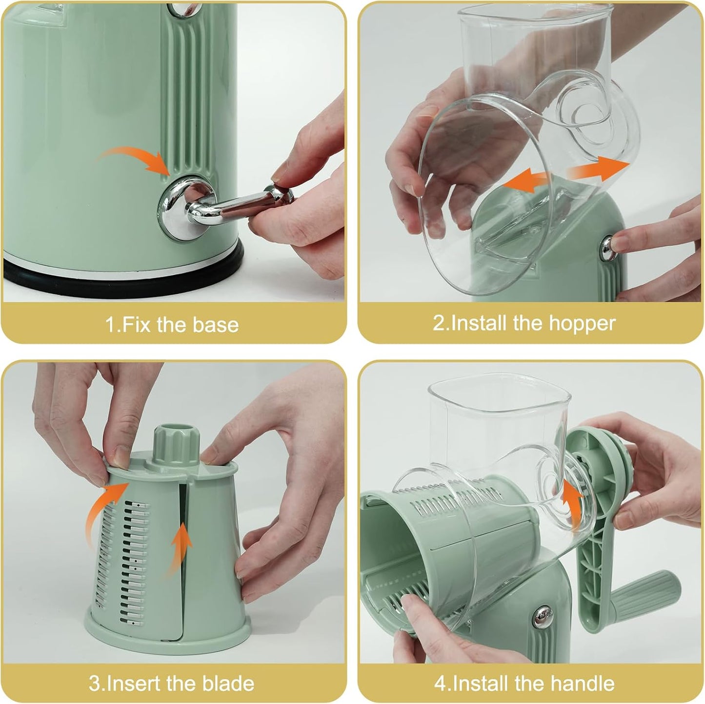 5-in-1 Rotary Cheese Grater and Vegetable Slicer with Suction Base, Green | 5-in-1 hand-crank grater with replaceable stainless blades, suction base, easy-clean design, and blade storage box