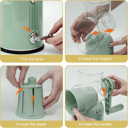 5-in-1 Rotary Cheese Grater and Vegetable Slicer with Suction Base, Green | 5-in-1 hand-crank grater with replaceable stainless blades, suction base, easy-clean design, and blade storage box