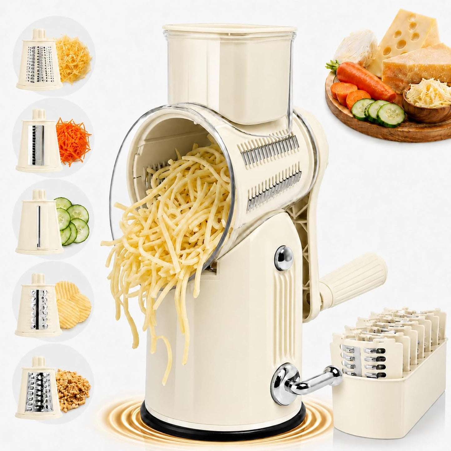 5-in-1 Rotary Cheese Grater and Vegetable Slicer with Suction Base, Green | 5-in-1 hand-crank grater with replaceable stainless blades, suction base, easy-clean design, and blade storage box