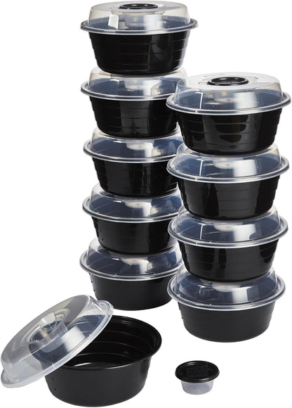 4-Cup Meal Prep Bowls Set with Lids and Dressing Cup, Microwavable Food Storage Containers for Meal Prepping, Set of 10, Black
