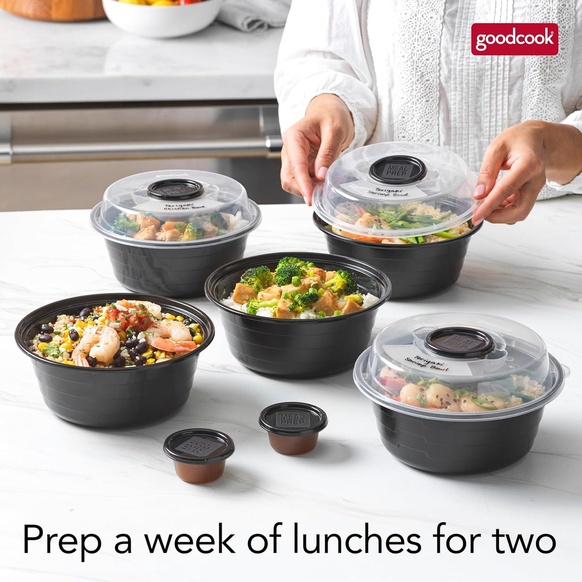 4-Cup Meal Prep Bowls Set with Lids and Dressing Cup, Microwavable Food Storage Containers for Meal Prepping, Set of 10, Black
