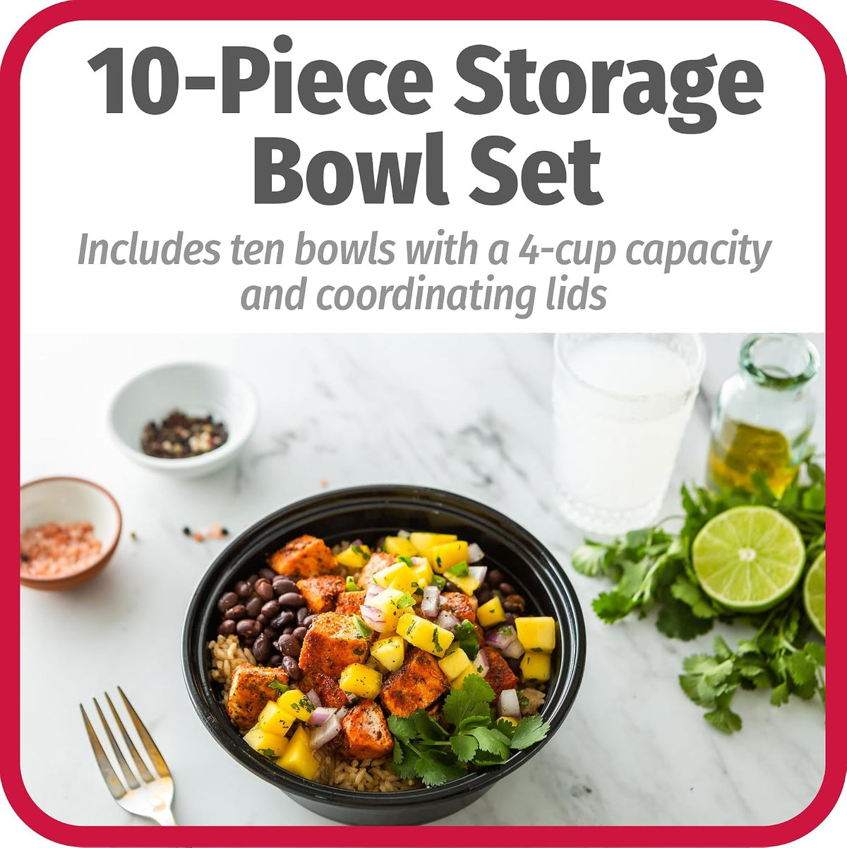 4-Cup Meal Prep Bowls Set with Lids and Dressing Cup, Microwavable Food Storage Containers for Meal Prepping, Set of 10, Black
