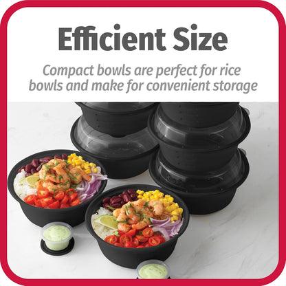 4-Cup Meal Prep Bowls Set with Lids and Dressing Cup, Microwavable Food Storage Containers for Meal Prepping, Set of 10, Black