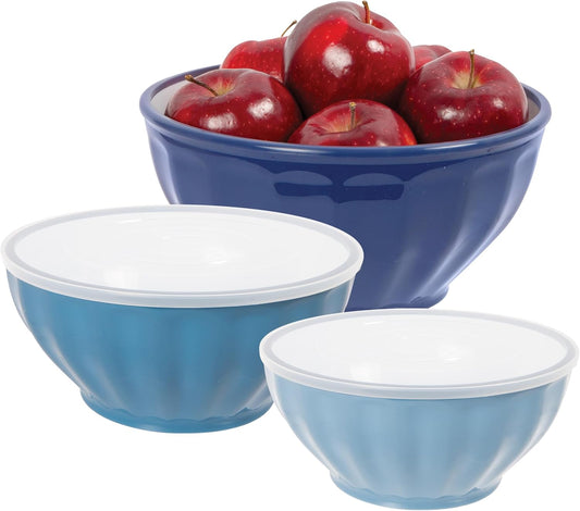Set of 3 Ribbed Mixing Bowls with Lids - Nested Plastic Bowls for Kitchen, Durable Mixing Bowls Set, BPA-Free Plastic Bowls with Lids - 1.6, 2.6, 3.7 Qt