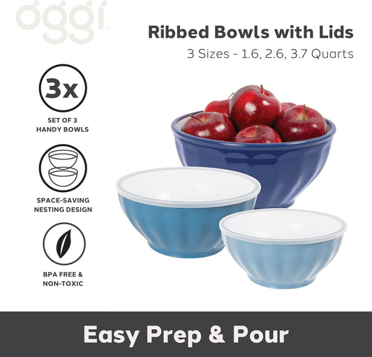 Set of 3 Ribbed Mixing Bowls with Lids - Nested Plastic Bowls for Kitchen, Durable Mixing Bowls Set, BPA-Free Plastic Bowls with Lids - 1.6, 2.6, 3.7 Qt