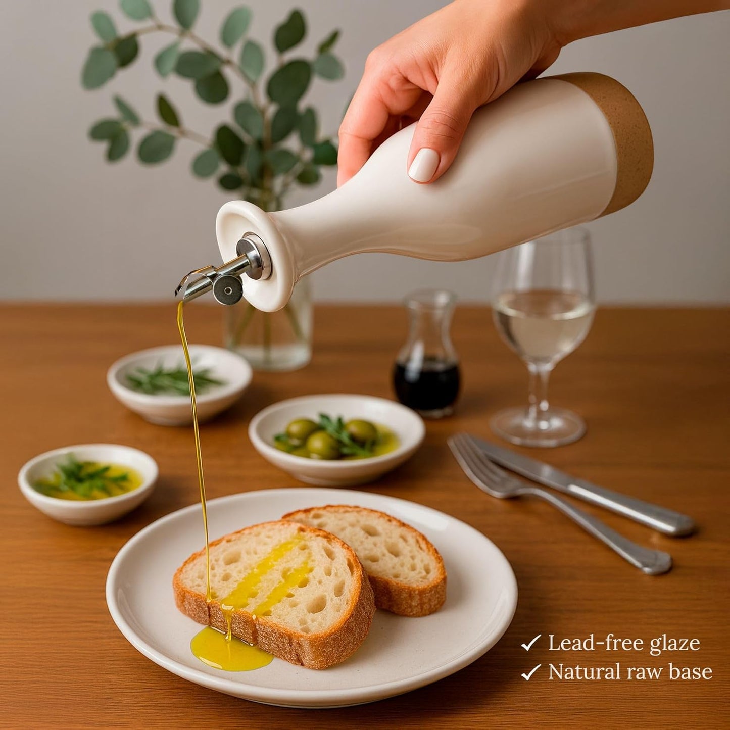 TOMO Ceramic Olive Oil Dispenser Bottle 22oz, Wide Mouth Easy Fill Design, Spill-Free Spout, Large Capacity