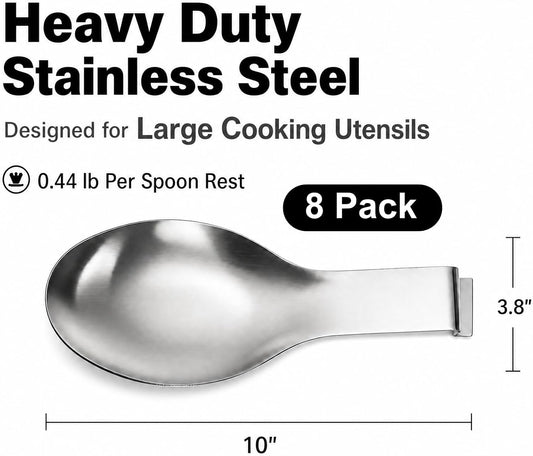 8 Pack Stainless Steel Spoon Rest, Large Size Ladle Spatula Tong Holder, Heavy Duty Cooking Utensil Rest for Stove Top Kitchen Countertop, Dishwasher Safe Kitchenware, Silver