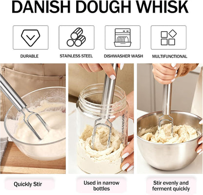 Danish Dough Whisk for Sourdough Starter Mixer Stick, 12" Stainless Steel Dough Whisk, Bread Mixer for Cooking, Mixing, Sourdough, Pizza, Dishwasher Safe