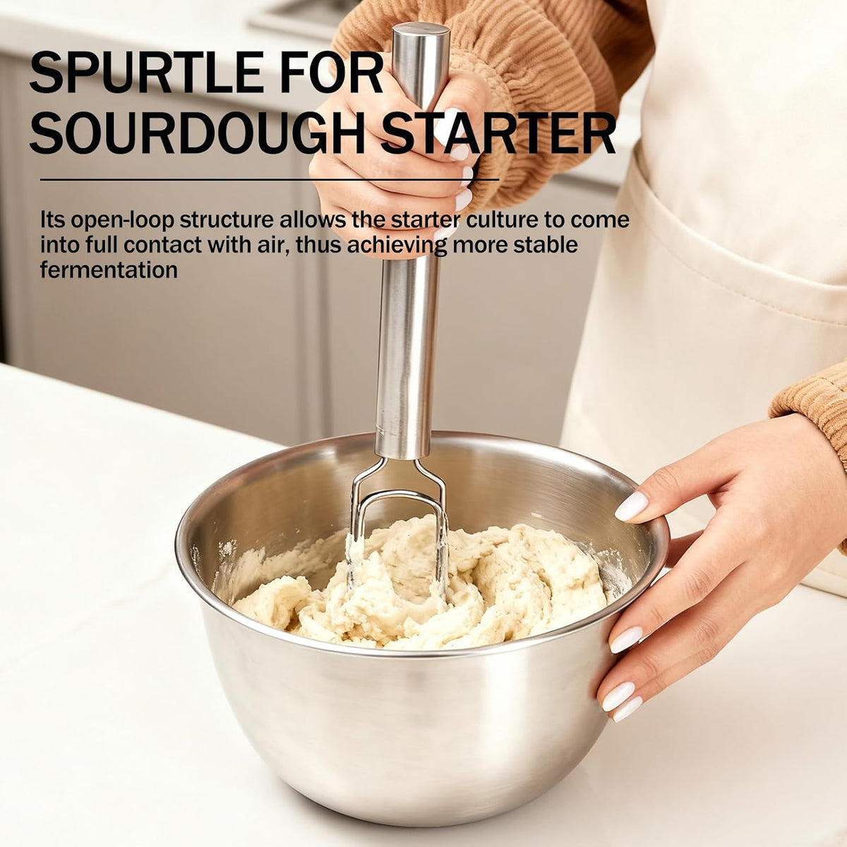 Danish Dough Whisk for Sourdough Starter Mixer Stick, 12" Stainless Steel Dough Whisk, Bread Mixer for Cooking, Mixing, Sourdough, Pizza, Dishwasher Safe