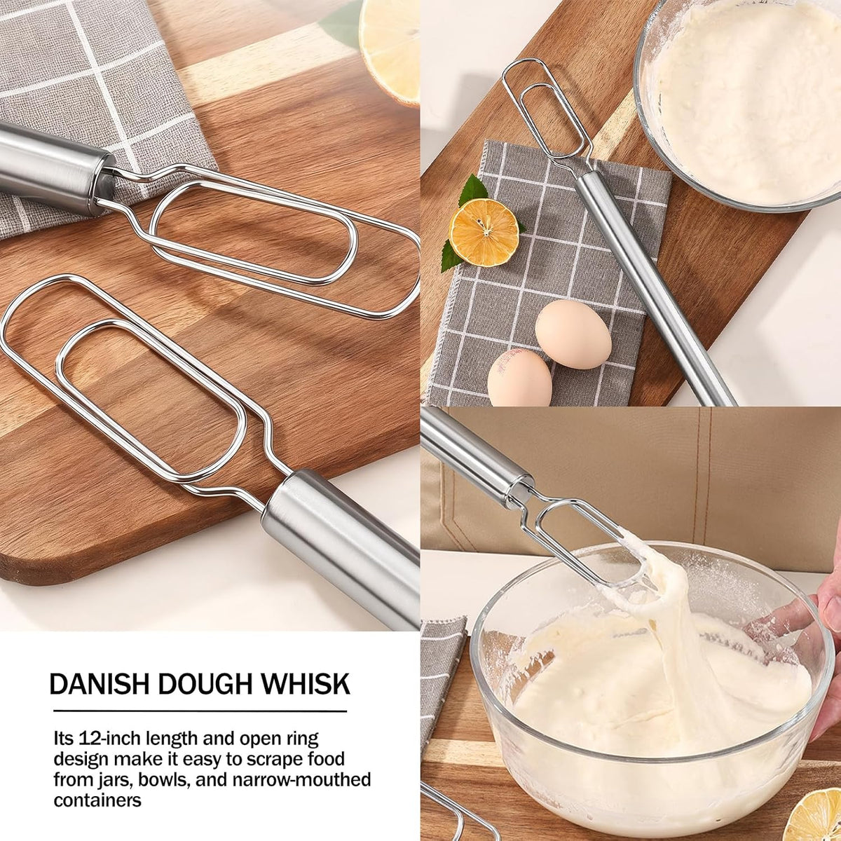 Danish Dough Whisk for Sourdough Starter Mixer Stick, 12" Stainless Steel Dough Whisk, Bread Mixer for Cooking, Mixing, Sourdough, Pizza, Dishwasher Safe