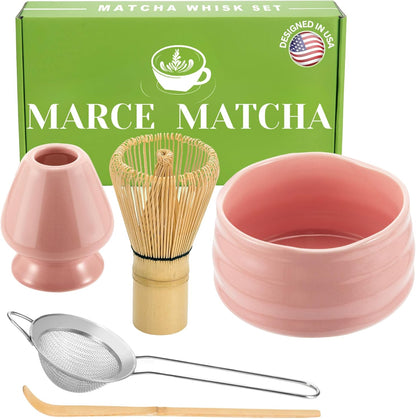 Whisk Set- Matcha Set includes Matcha Bowl, Sifter, Holder and Scoop- The Perfect Bamboo Whisk for Matcha Tea (Pink)