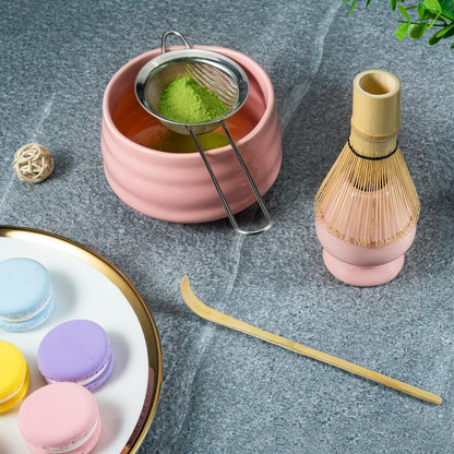 Whisk Set- Matcha Set includes Matcha Bowl, Sifter, Holder and Scoop- The Perfect Bamboo Whisk for Matcha Tea (Pink)