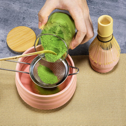 Whisk Set- Matcha Set includes Matcha Bowl, Sifter, Holder and Scoop- The Perfect Bamboo Whisk for Matcha Tea (Pink)