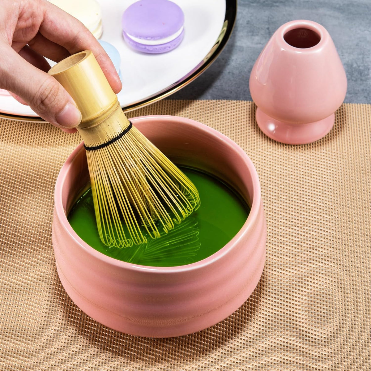 Whisk Set- Matcha Set includes Matcha Bowl, Sifter, Holder and Scoop- The Perfect Bamboo Whisk for Matcha Tea (Pink)