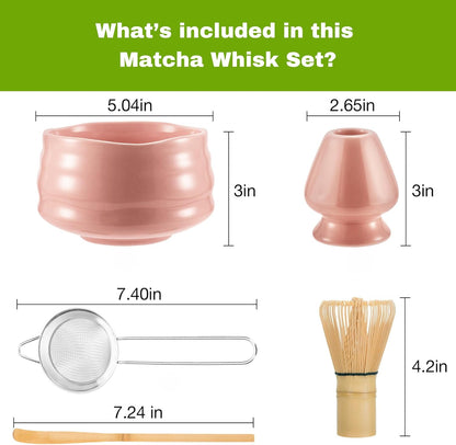 Whisk Set- Matcha Set includes Matcha Bowl, Sifter, Holder and Scoop- The Perfect Bamboo Whisk for Matcha Tea (Pink)