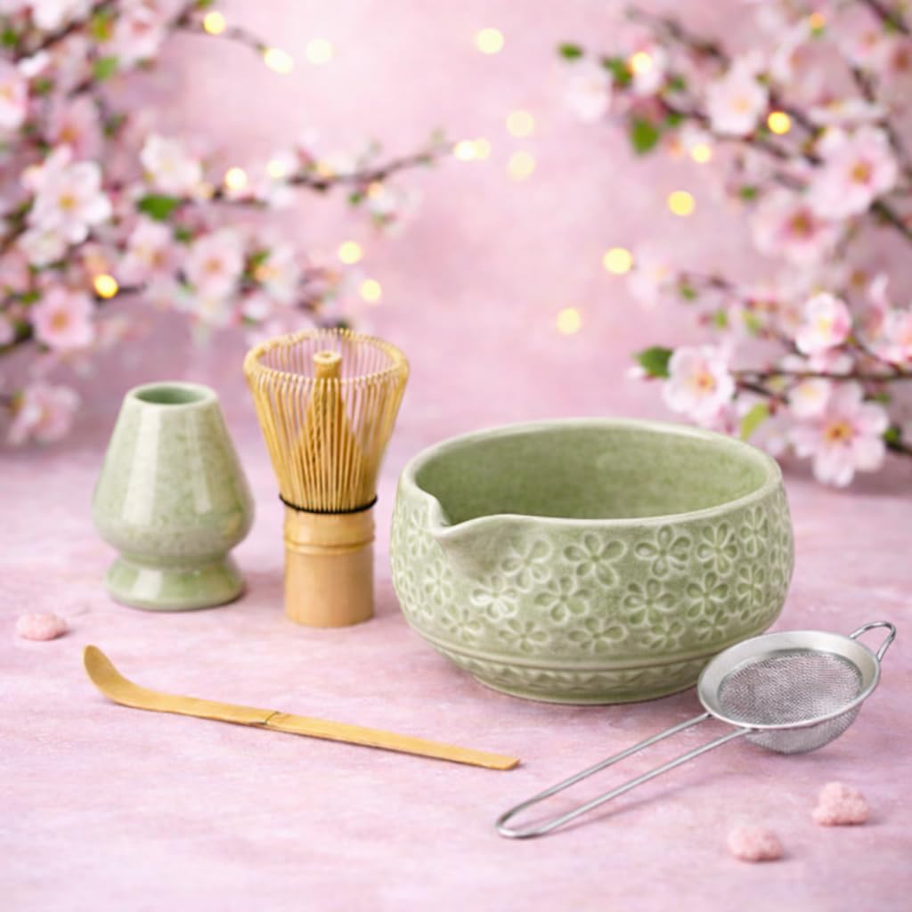 Whisk Set- Matcha Set includes Matcha Bowl, Sifter, Holder and Scoop- The Perfect Bamboo Whisk for Matcha Tea (Pink)
