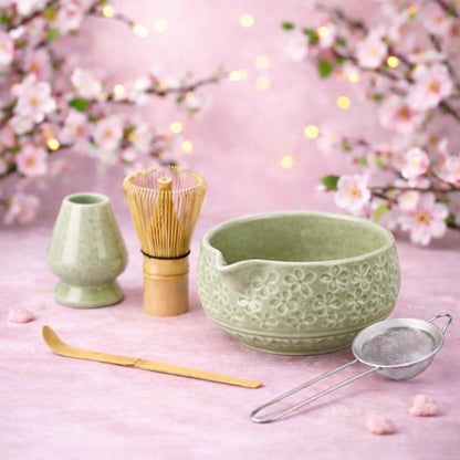 Whisk Set- Matcha Set includes Matcha Bowl, Sifter, Holder and Scoop- The Perfect Bamboo Whisk for Matcha Tea (Pink)