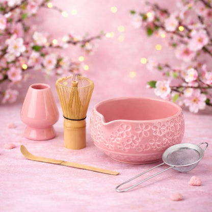 Whisk Set- Matcha Set includes Matcha Bowl, Sifter, Holder and Scoop- The Perfect Bamboo Whisk for Matcha Tea (Pink)