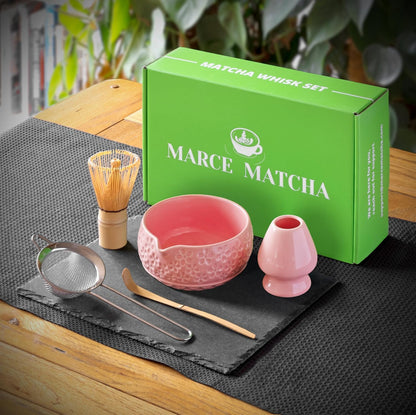Whisk Set- Matcha Set includes Matcha Bowl, Sifter, Holder and Scoop- The Perfect Bamboo Whisk for Matcha Tea (Pink)