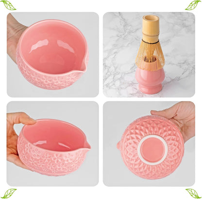 Whisk Set- Matcha Set includes Matcha Bowl, Sifter, Holder and Scoop- The Perfect Bamboo Whisk for Matcha Tea (Pink)