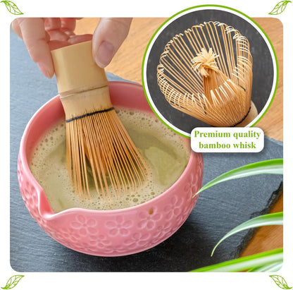 Whisk Set- Matcha Set includes Matcha Bowl, Sifter, Holder and Scoop- The Perfect Bamboo Whisk for Matcha Tea (Pink)