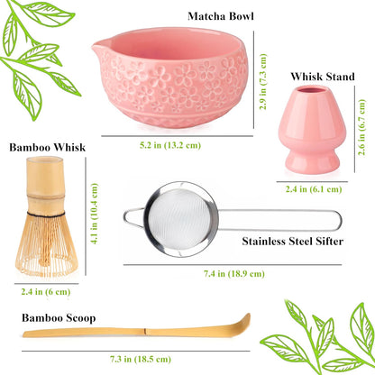 Whisk Set- Matcha Set includes Matcha Bowl, Sifter, Holder and Scoop- The Perfect Bamboo Whisk for Matcha Tea (Pink)