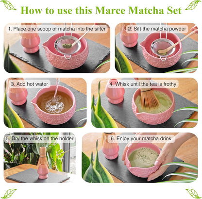 Whisk Set- Matcha Set includes Matcha Bowl, Sifter, Holder and Scoop- The Perfect Bamboo Whisk for Matcha Tea (Pink)