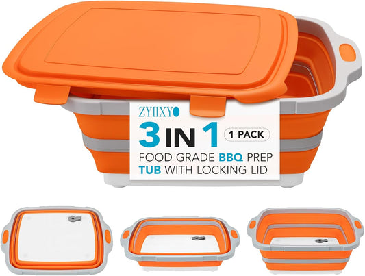 ZYIIXYO Collapsible BBQ Prep Tub 8L with Lid, Drain Plug & Cutting Board | Collapsible Bucket with Drain Plug, Thickened 3-in-1 Food Prep Tub with Easy Cutting Board, Foldable Camping Sink, 2 Gallons