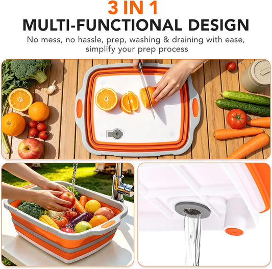 ZYIIXYO Collapsible BBQ Prep Tub 8L with Lid, Drain Plug & Cutting Board | Collapsible Bucket with Drain Plug, Thickened 3-in-1 Food Prep Tub with Easy Cutting Board, Foldable Camping Sink, 2 Gallons