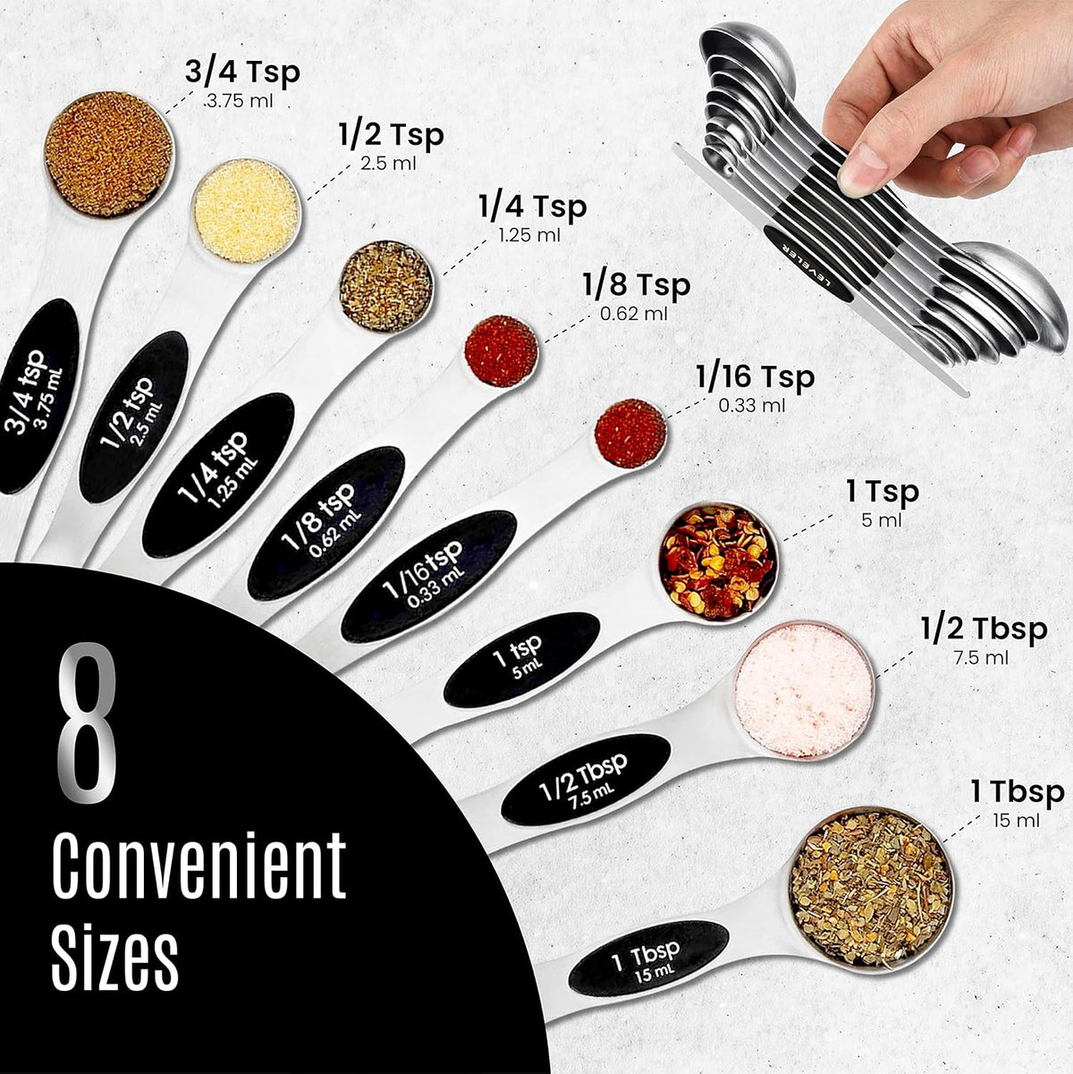 Stainless Steel Magnetic Measuring Spoons Set – 9 Pieces Dual-Sided Stackable Magnetic Teaspoons and Tablespoons for Dry & Liquid Ingredients – Kitchen Gadgets for Baking & Cooking – Black
