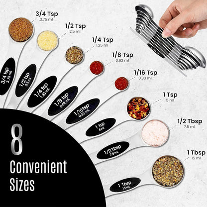 Stainless Steel Magnetic Measuring Spoons Set – 9 Pieces Dual-Sided Stackable Magnetic Teaspoons and Tablespoons for Dry & Liquid Ingredients – Kitchen Gadgets for Baking & Cooking – Black